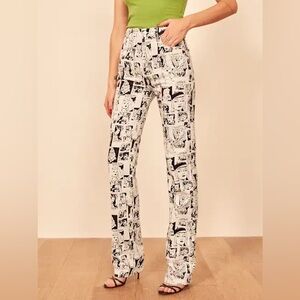 Reformation Black & White Comic-Print Boot Cut Pants